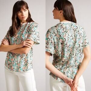 Ted Baker Domela Colorful Pastel Floral Linen Printed T-Shirt Women’s 10 (Large)